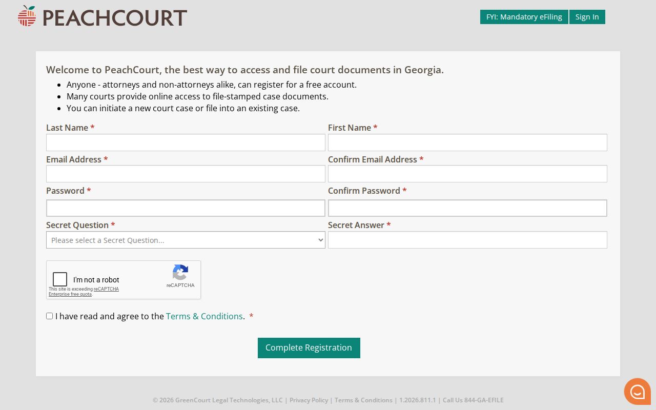 PeachCourt registration form used before Twiggs County case lookup