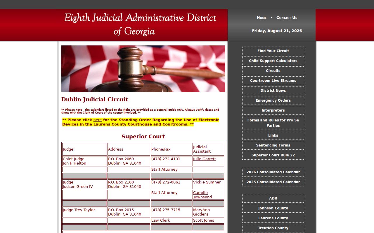 Twiggs County court calendar source for the Dublin Judicial Circuit