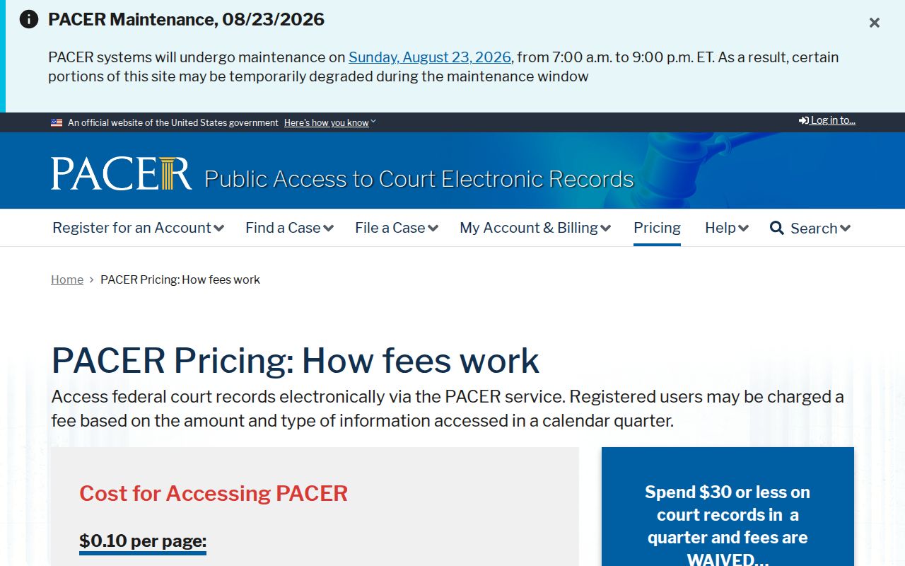 PACER federal court record pricing information