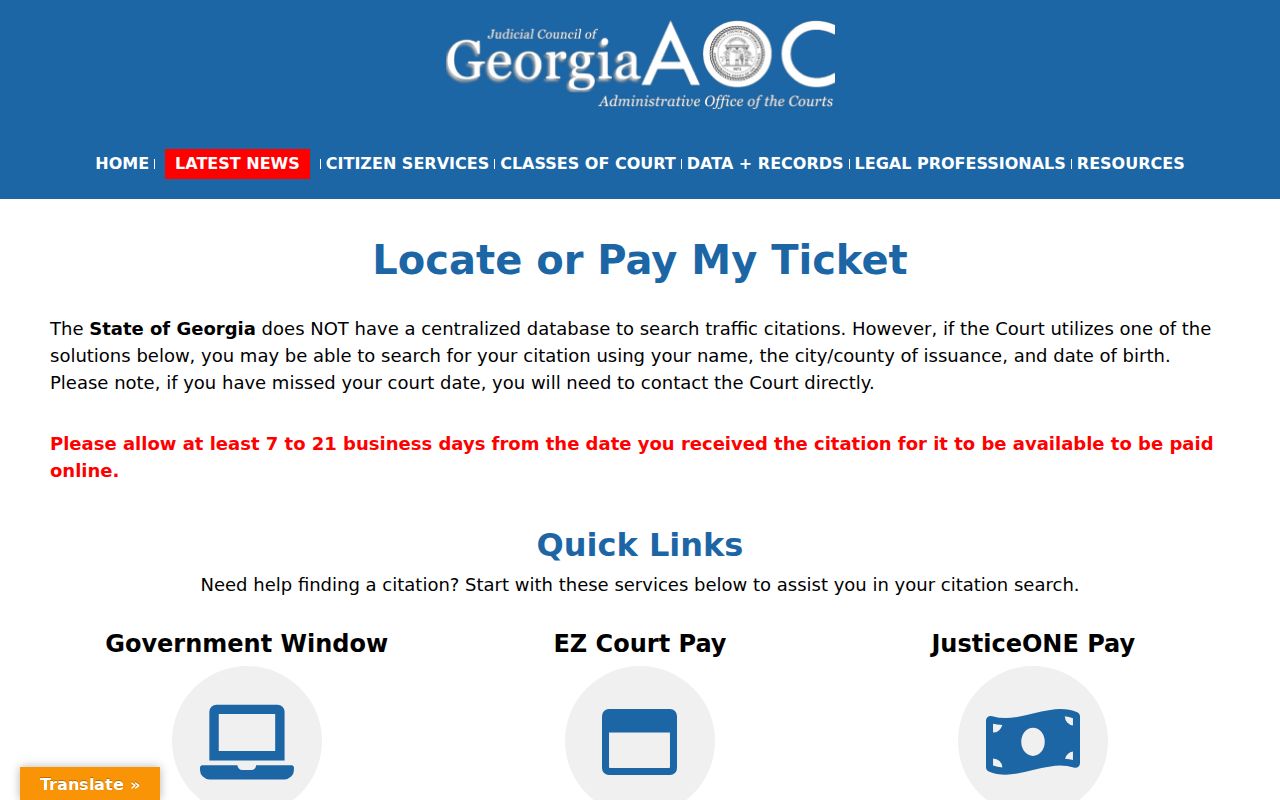 Georgia Courts guidance for locating a traffic ticket